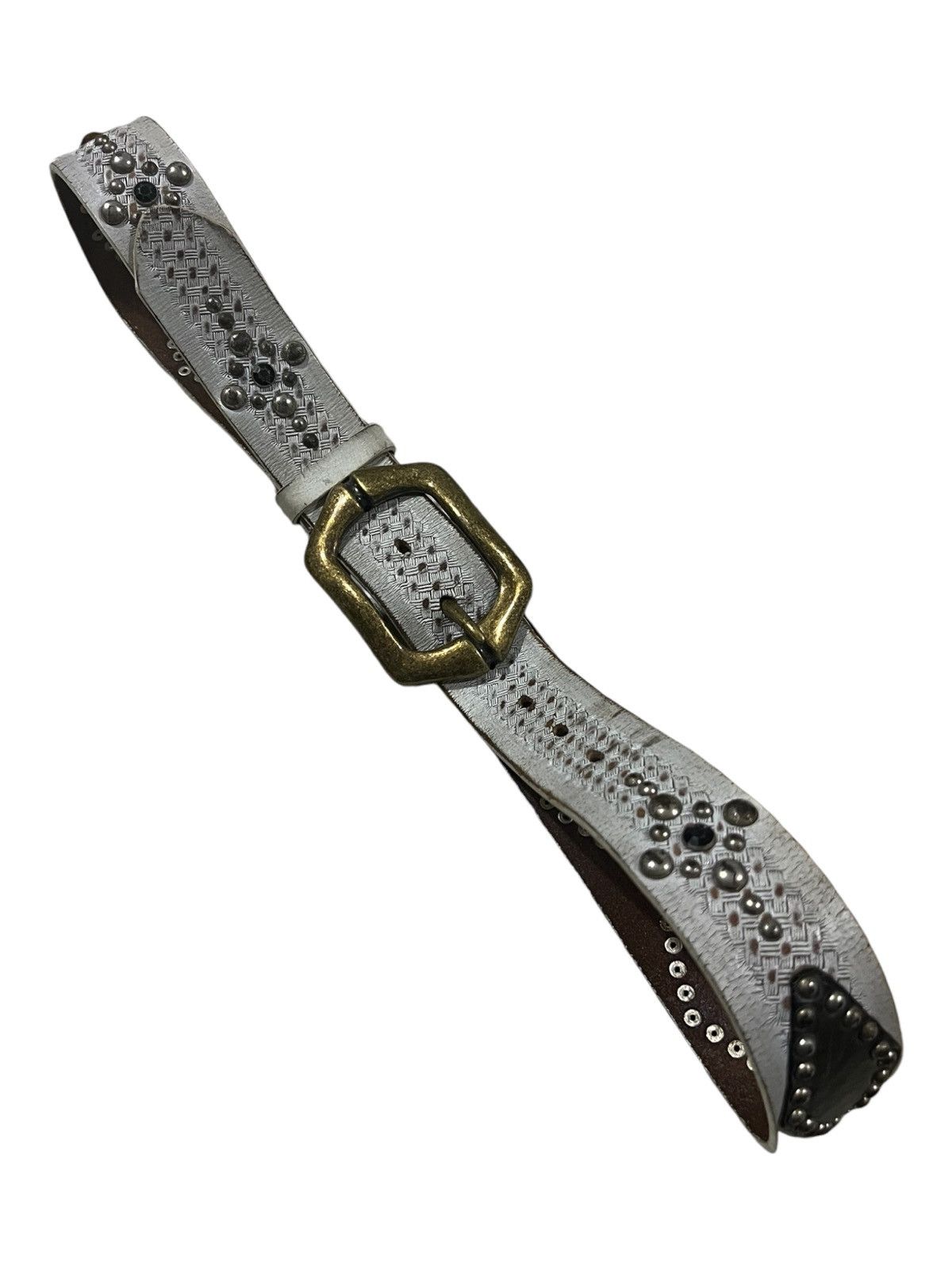 20471120 Vintage Genuine Leather Studded & Jeweled Brass Buckle Belt Size ONE SIZE - 2 Thumbnail