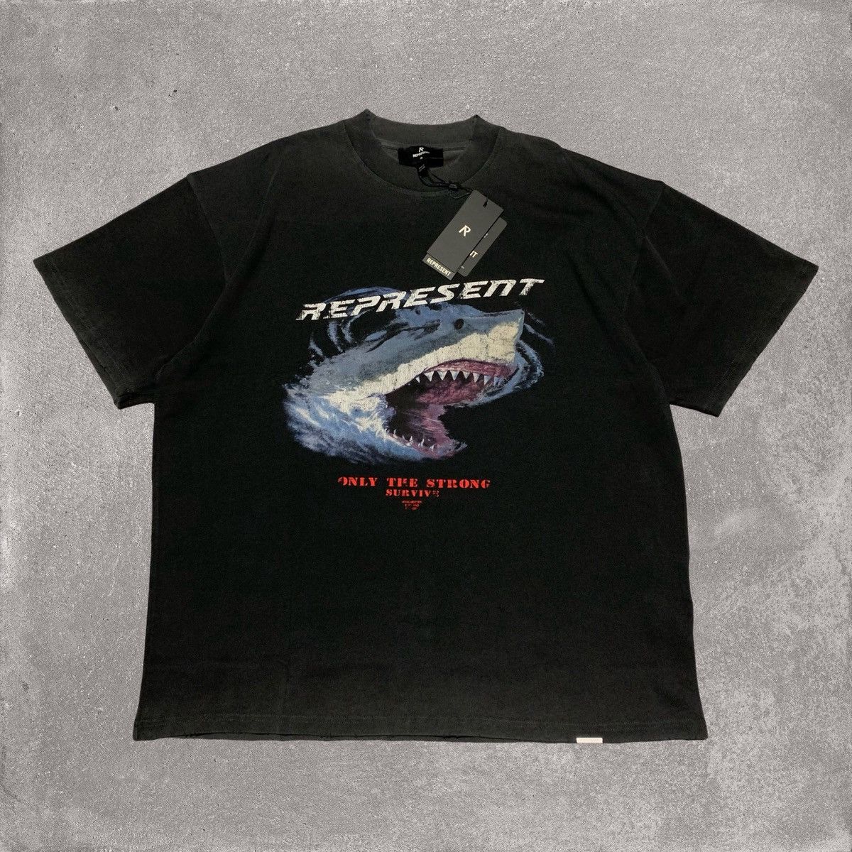 Represent XL Only The Strong Survive Vintage Black Tee Shark