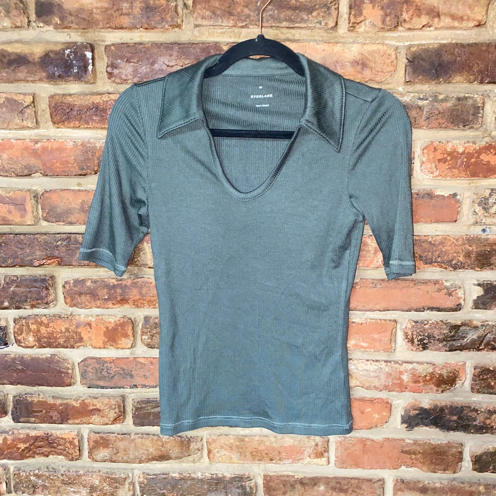 Everley Scallop Knit Polo Tee Green Cream