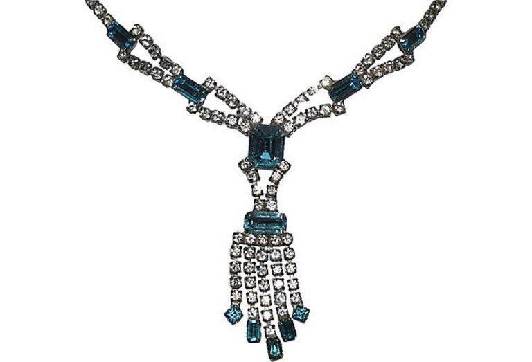 Designer Vintage Costume Blue & White Silver Tone Rhinestone Necklace Size ONE SIZE - 3 Thumbnail
