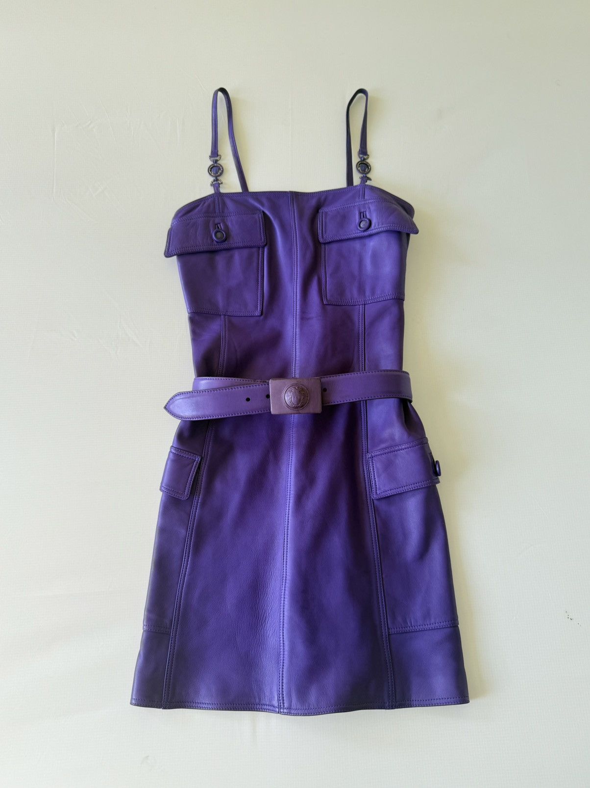 Versace Gianni Versace 1996 F/W Purple Leather Belted Shift Dress Size S / US 4 / IT 40 - 1 Thumbnail