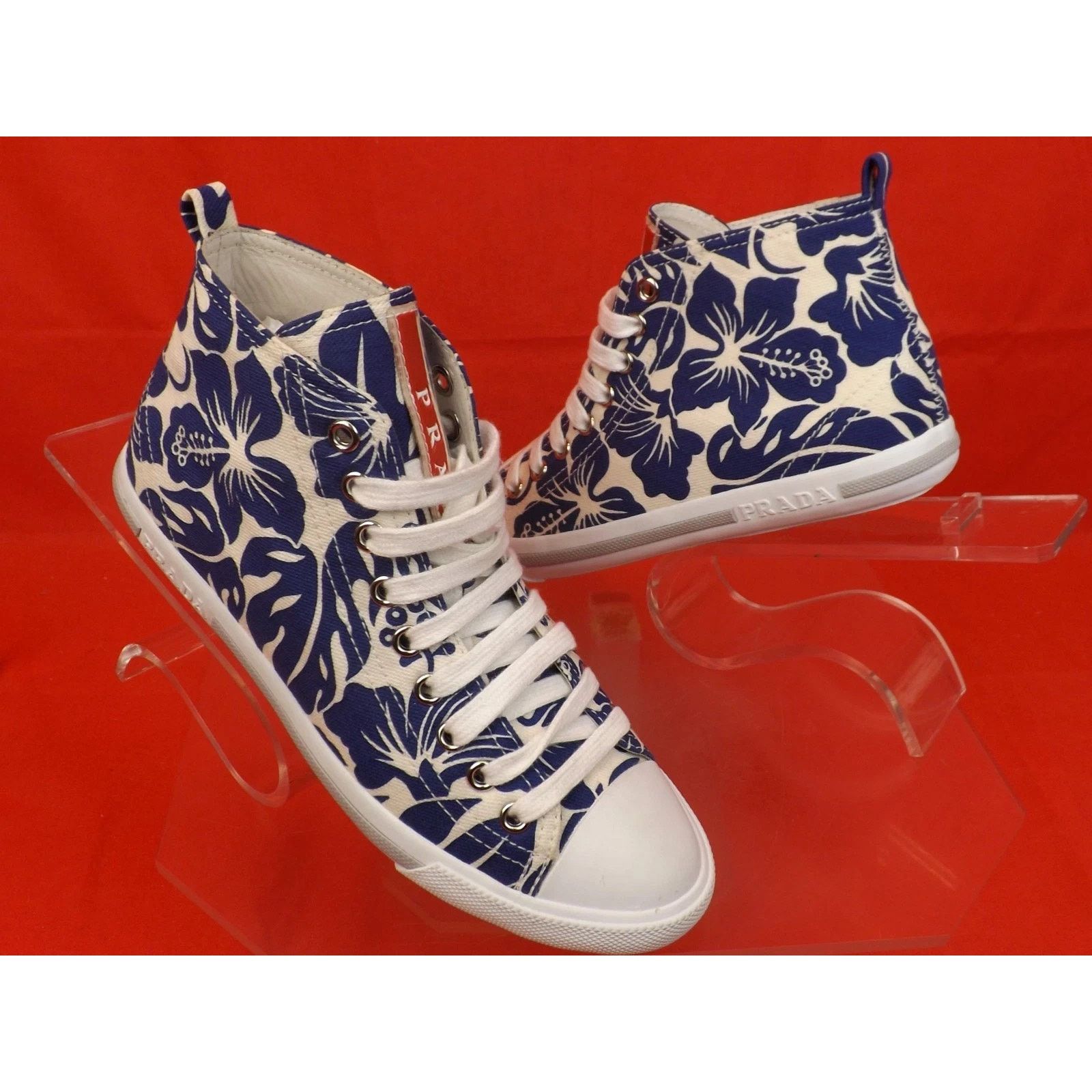 Prada PRADA 3T573 BLUE FLORAL DENIM LEATHER HIGH TOP SNEAKERS 35.5 Size US 5.5 / IT 35.5 - 3 Thumbnail