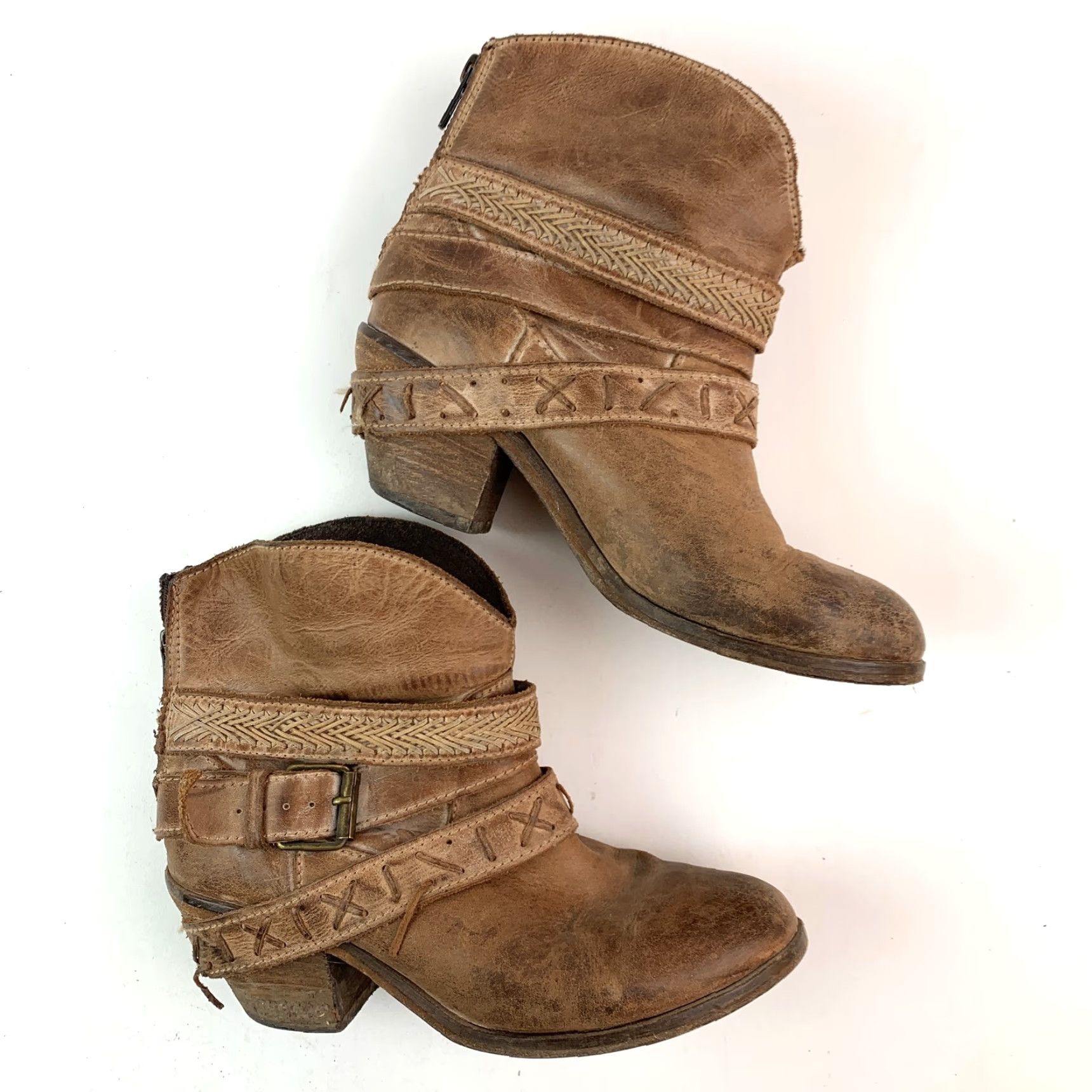 Vintage VINTAGE Corral Brown Distressed Leather Ankle Boots 7.5 Women Western Boot Buckle Zipper Block Heel Colonial? Size US 8 / IT 38 - 4 Thumbnail
