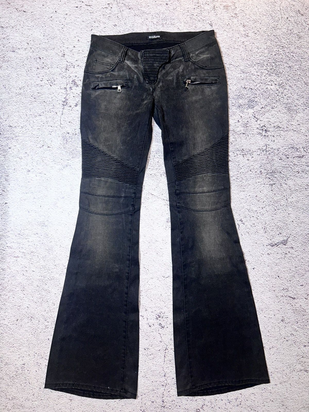 Balmain × Other Balmain Flared Biker Pants Black Suede Flare Jeans 