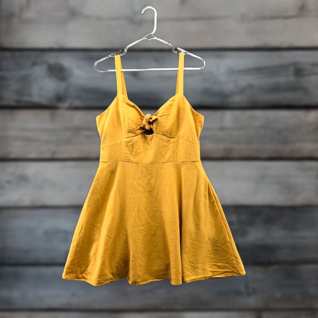Vintage Speechless Dress XL Mustard Yellow Linen Blend A-Line Sleeveless Tie Chest Zip Back Lined Short Womens Bohemian Casual Size XL / US 12-14 / IT 48-50 - 1 Thumbnail