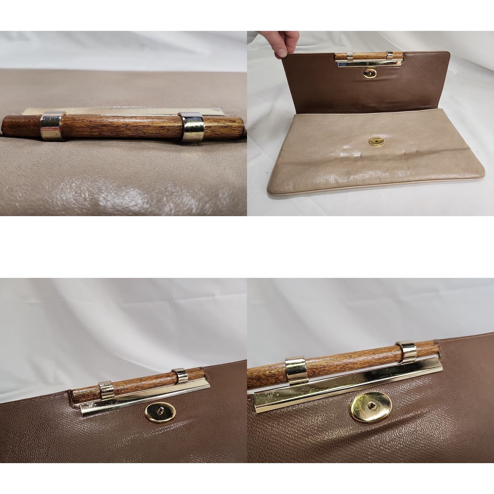 Vintage VINTAGE Mardane Tan Genuine Leather Clutch Gold Purse Chain USA Wood Handle 11x6.5x1 Size ONE SIZE - 8 Thumbnail
