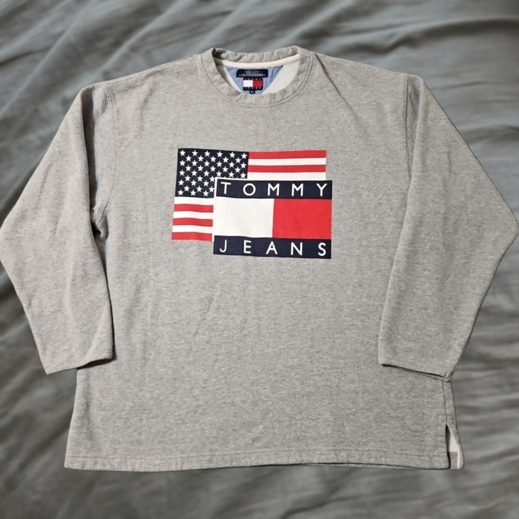 Tommy Hilfiger Sweatshirt Mens 1XL Gray Long Sleeve Crew Neck Pullover Vtg Jeans Usa Made, Men's