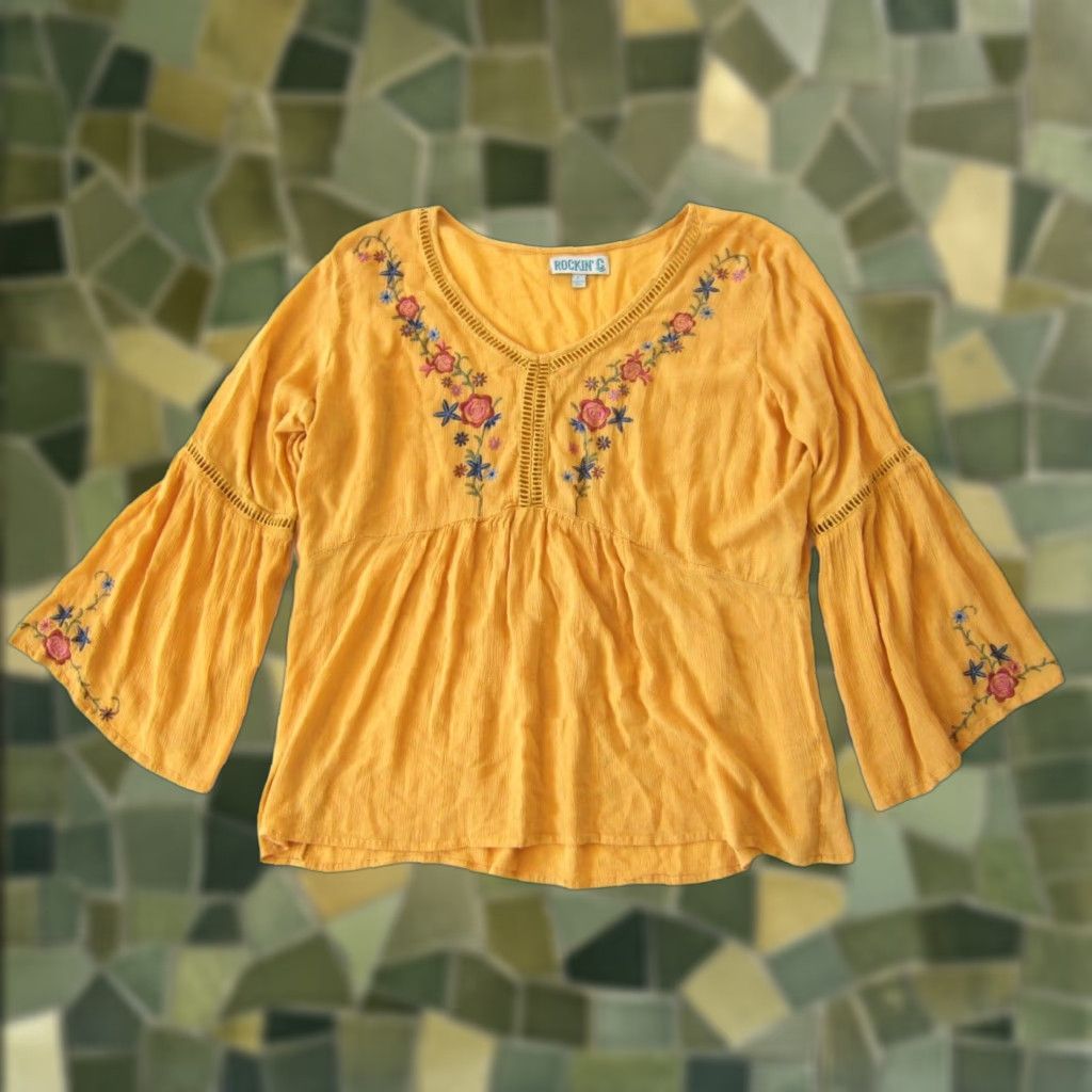 Vintage Rockin C Rayon Yellow Pink Embroidered Floral VNeck Long Sleeve Peasant Blouse L Size L / US 10 / IT 46 - 1 Thumbnail
