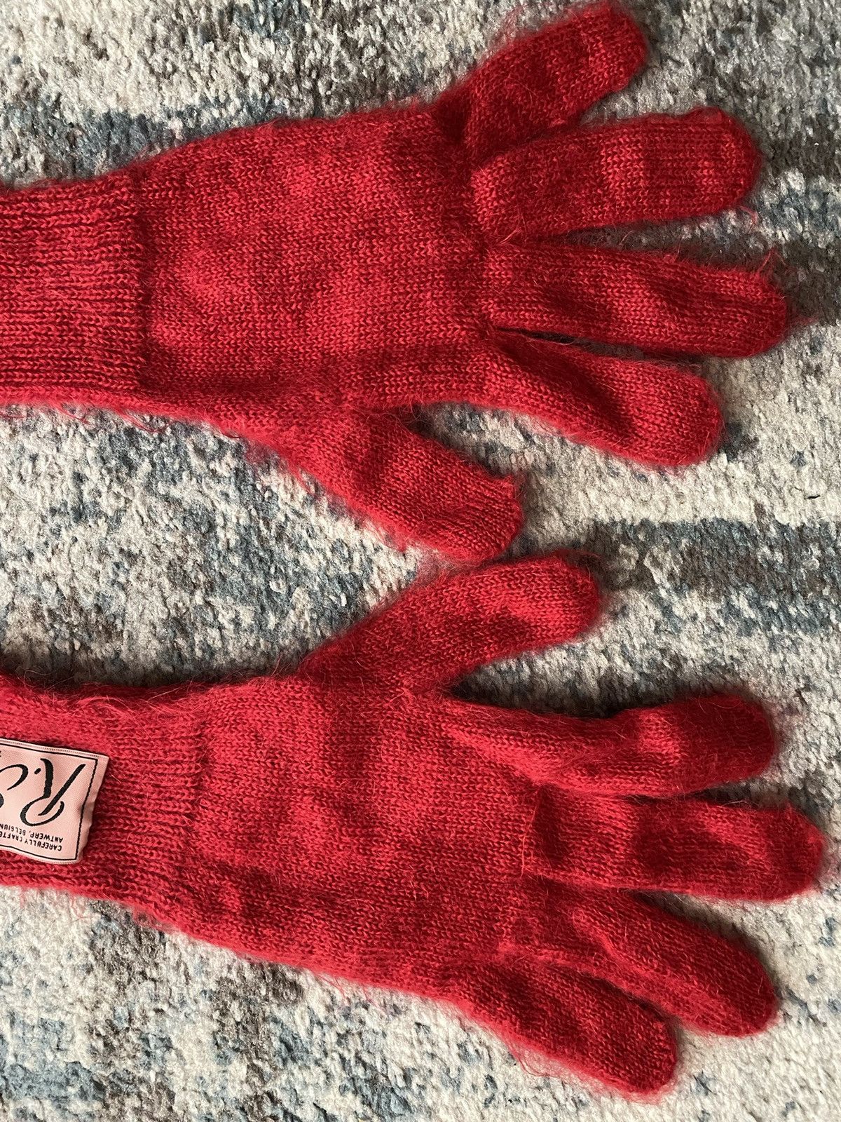Raf Simons Red Mohair Long Logo Gloves