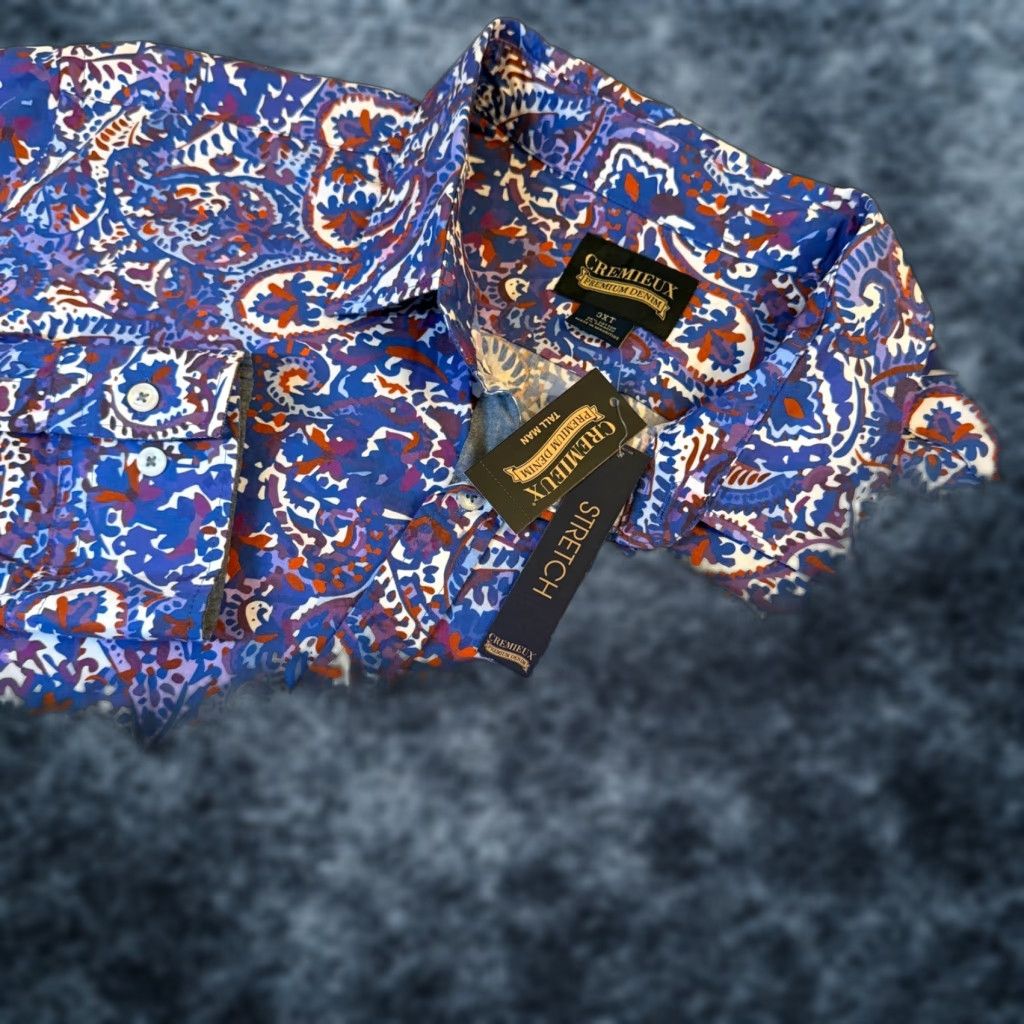 Cremieux Cremieux Mens 3XT Paisley Stretch Button-Up Shirt Blue Purple NWT Big & Tall Casual Workwear Size US XXL / EU 58 / 5 - 1 Thumbnail