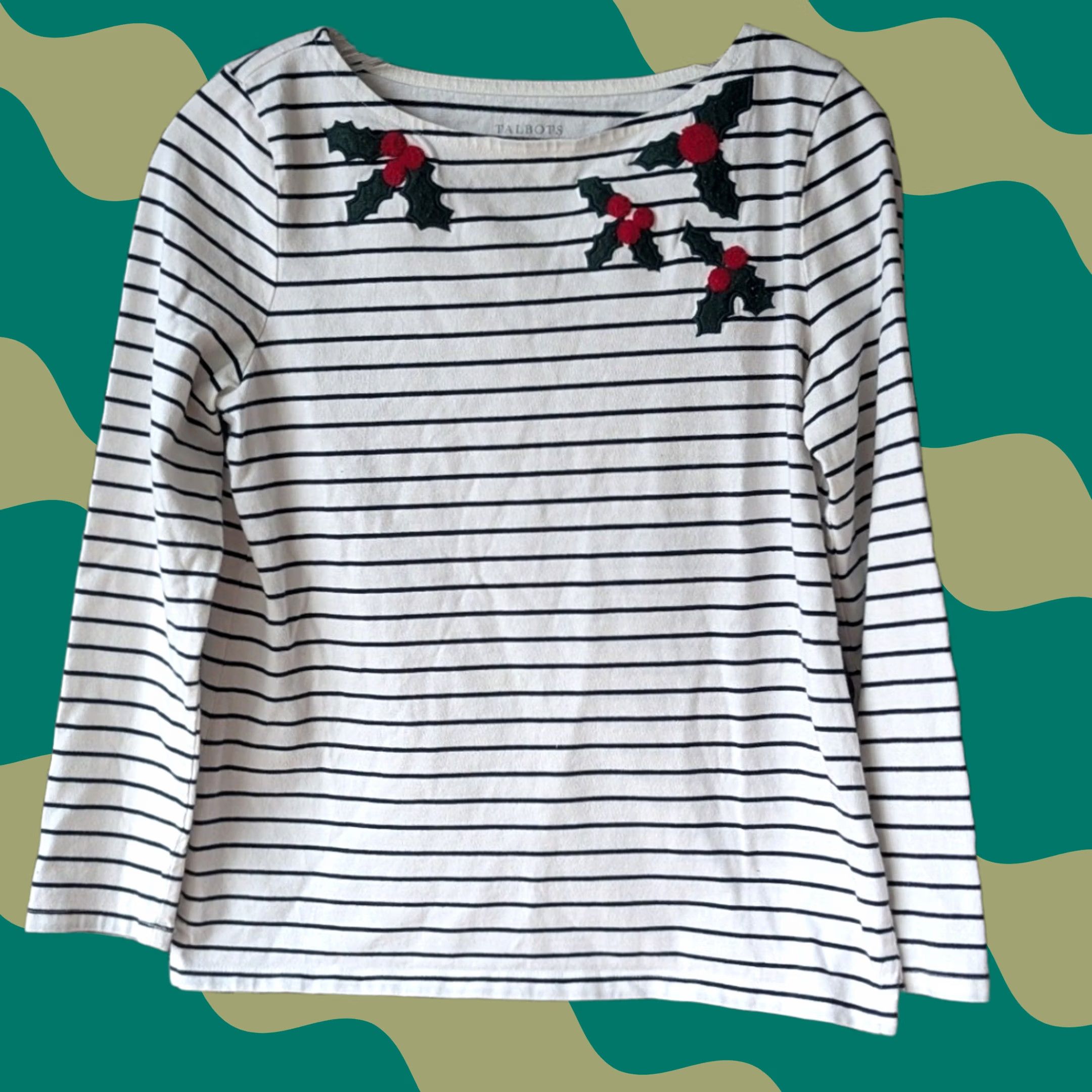 Talbots Talbots White Black Striped Holly Berry Applique Women Top Festive Holiday MP Size M / US 6-8 / IT 42-44 - 1 Thumbnail