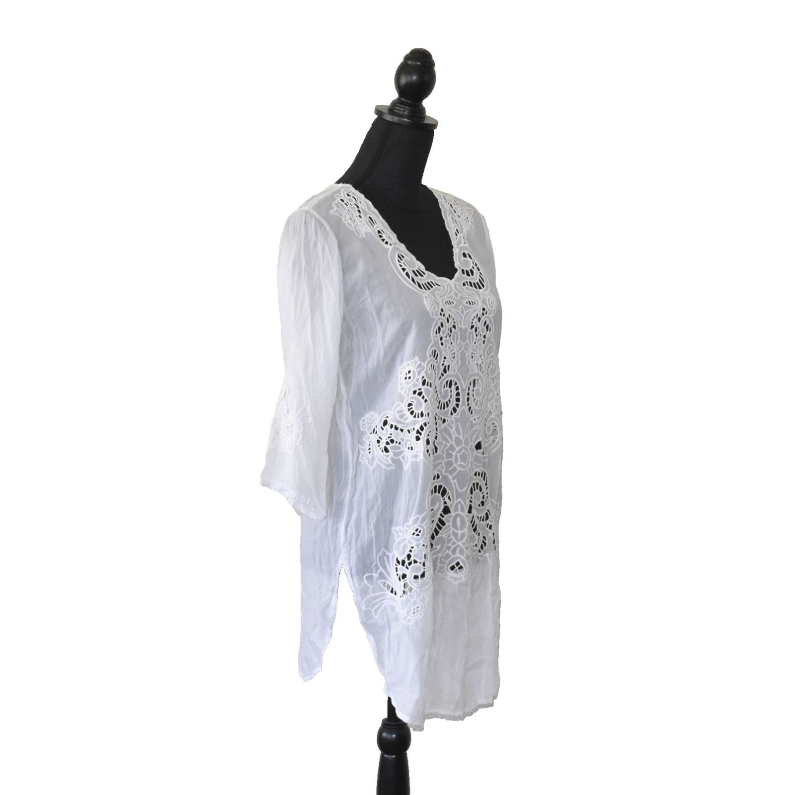 Johnny Was JOHNNY WAS White Lace Detailing 3/4 Sleeve Tunic Top Size S Size S / US 4 / IT 40 - 3 Thumbnail