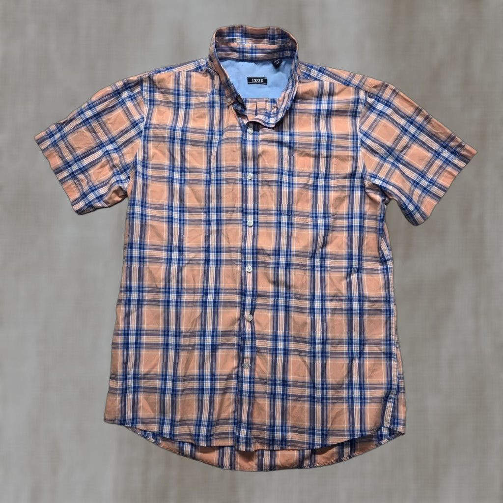 Izod VINTAGE IZOD Men's Short Sleeve Button-Up Shirt Plaid Blue Orange 100% Cotton Casual L Size US L / EU 52-54 / 3 - 1 Thumbnail