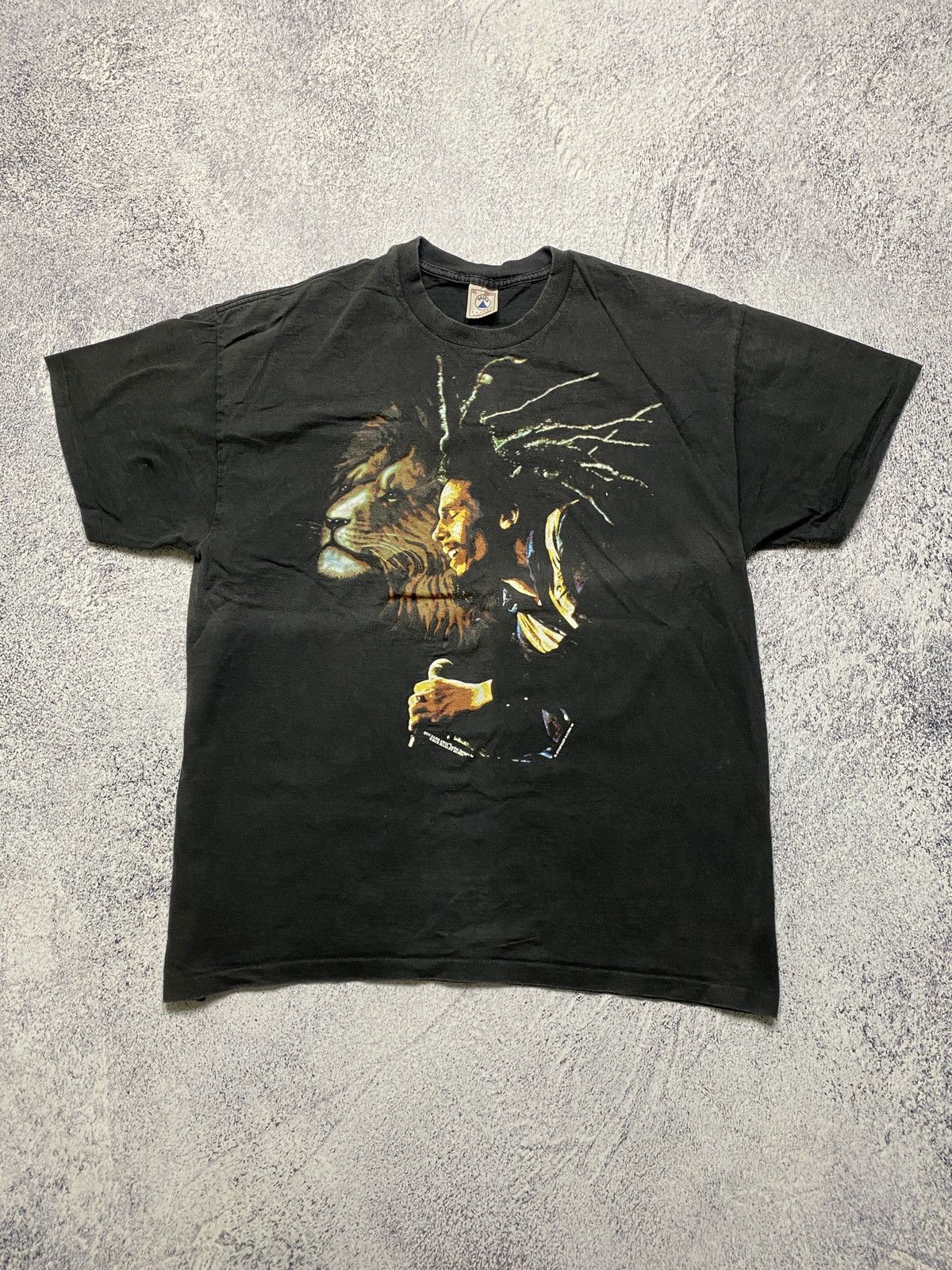 image of Band Tees x Bob Marley Vintage 1995 Bob Marley Lion 50Th Anniversary Faded T Shirt in Black (Size X