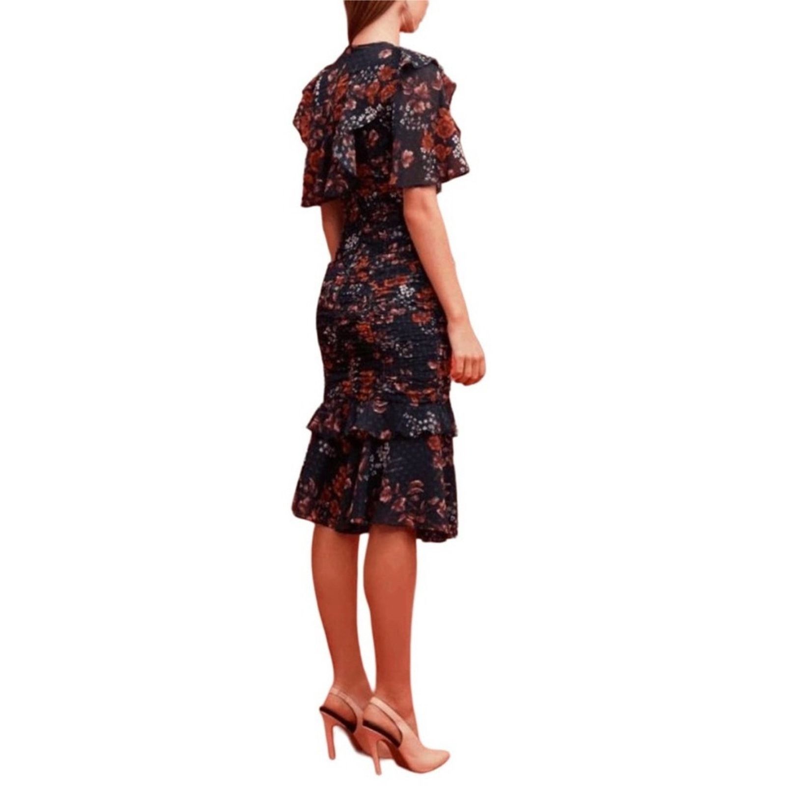 Nordstrom Keepsake Navy Blue Red White Floral Ruffle Ruche Midi Dress Size XS / US 0-2 / IT 36-38 - 14 Thumbnail