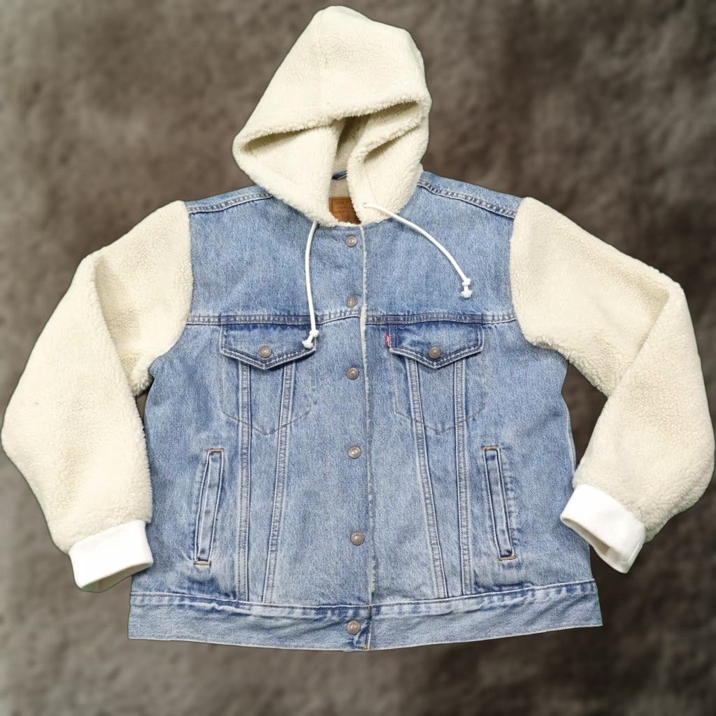 Levi's VINTAGE Levis Denim Trucker Jacket Womens Large Ex-Boyfriend Sherpa Sleeve Hood Premium Size L / US 10 / IT 46 - 1 Thumbnail