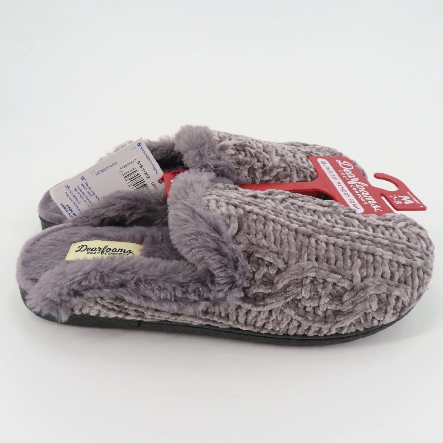 Vintage Dearfoams Women Slipper 7-8 Grey Chenille Cable Knit Faux Fur Slide NEW Size US 7 / IT 37 - 6 Thumbnail