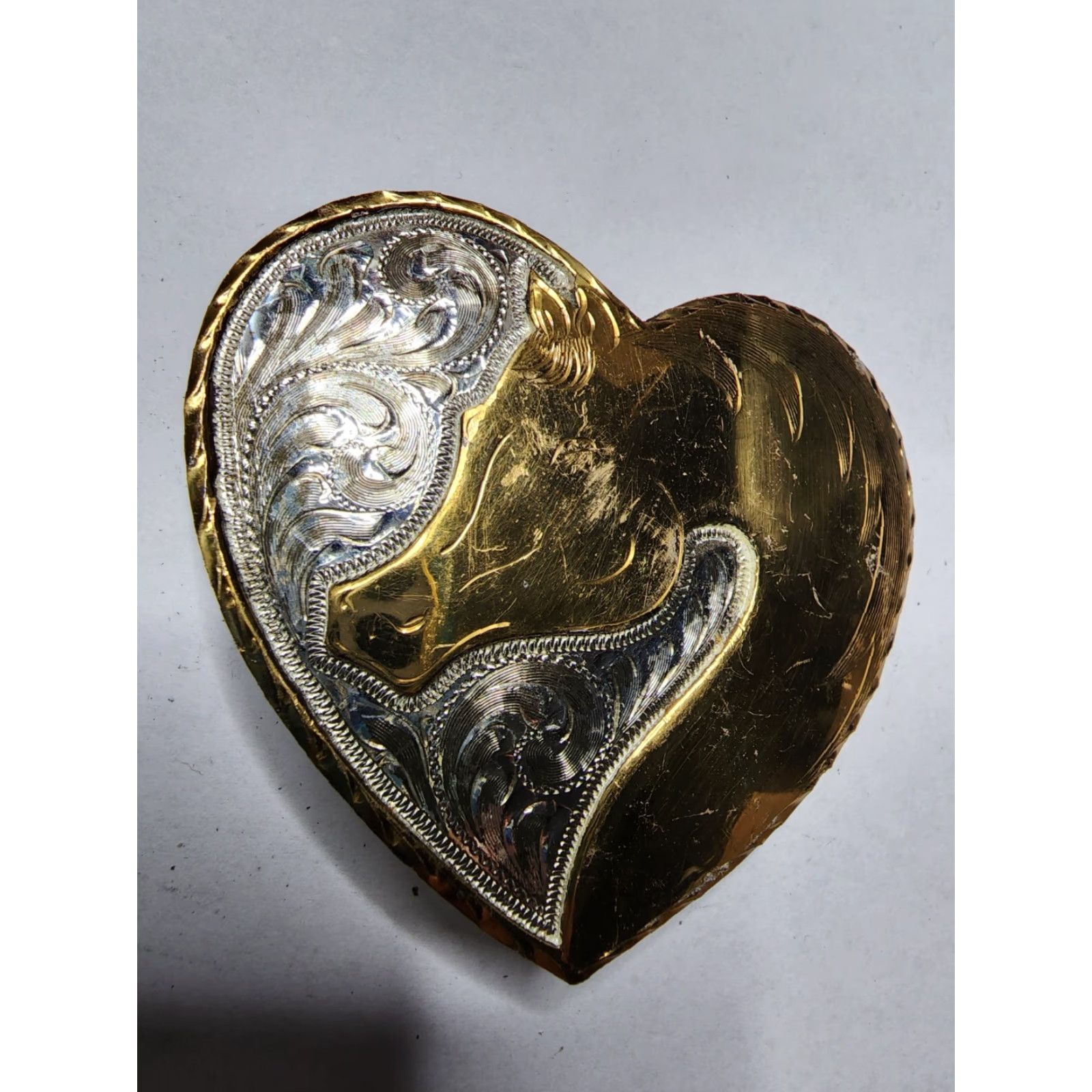 Vintage VINTAGE Handmade Silver Horse Heart Belt Buckle 1980s Mexico Animal Mens Size ONE SIZE - 2 Thumbnail
