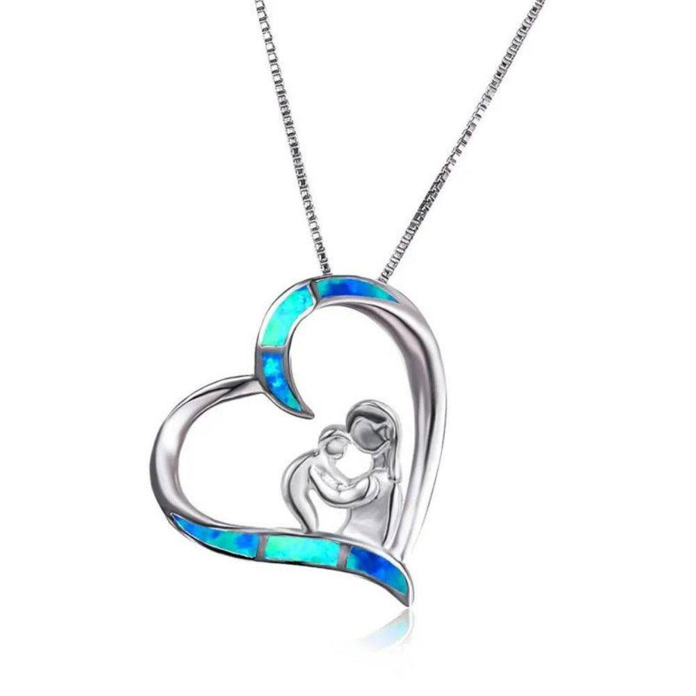 Designer Selfless Mom Love Baby Heart Pendant Blue Opal Necklace Size ONE SIZE - 3 Thumbnail