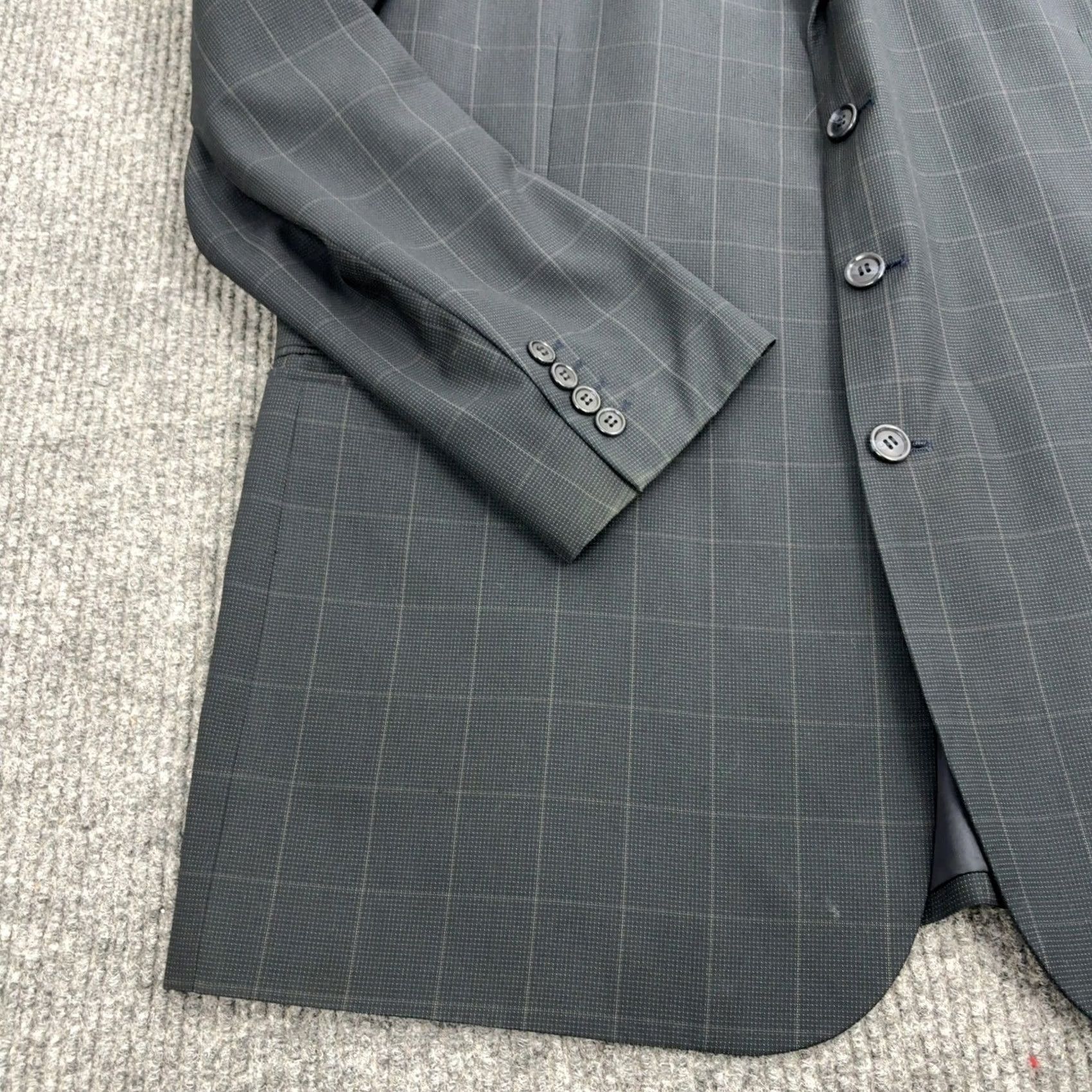 Vintage Zandello Blazer 46R Grey Plaid Four-Button Notch Lapel Single-Breasted Polyester Rayon Mens Suit Jacket Ventless Formal Business Classic Size 46R - 2 Thumbnail