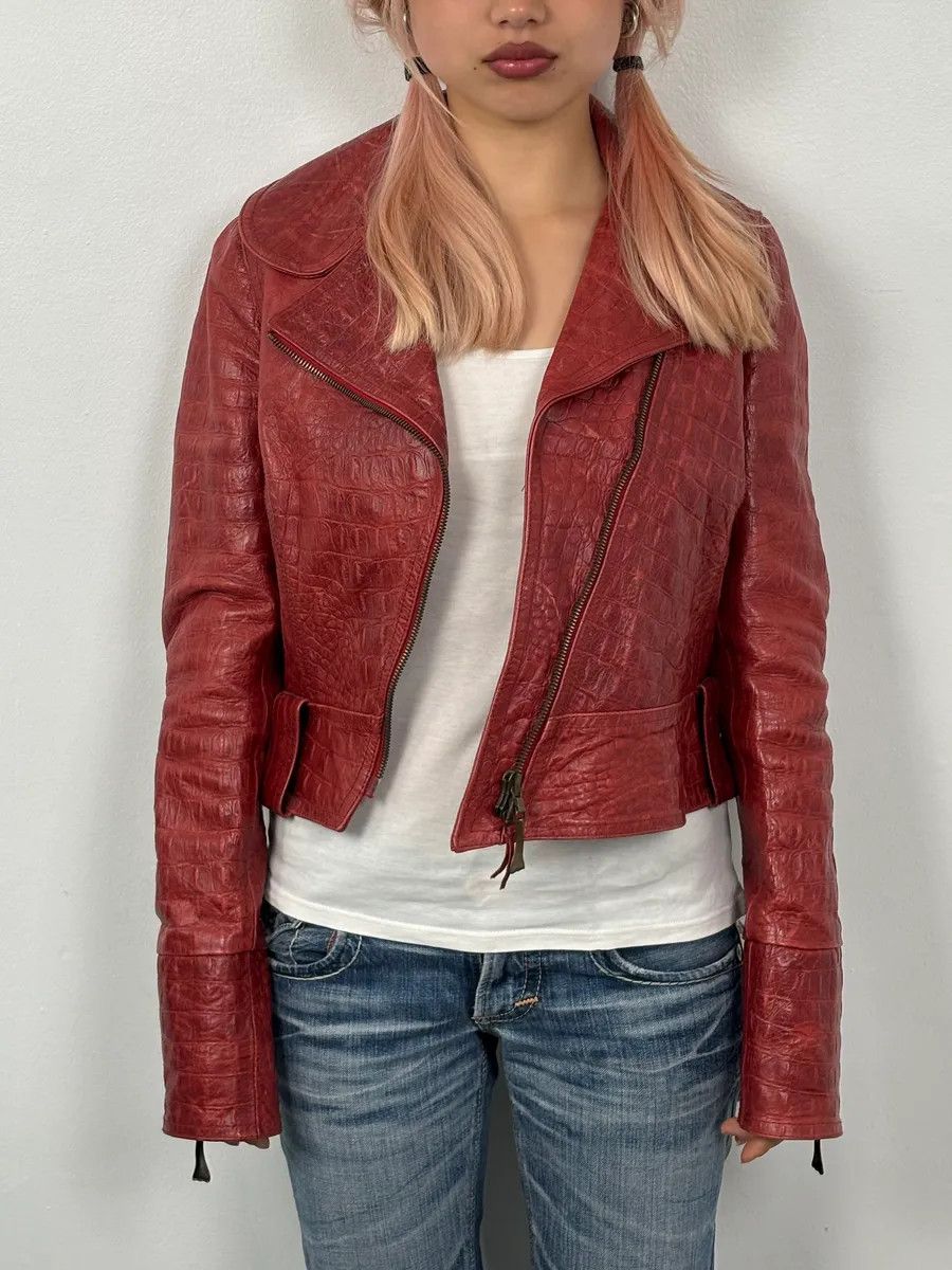 Roberto Cavalli AW2000 Roberto Cavalli Bordeaux Leather Crocodile Embossed Leather Jacket Size S / US 4 / IT 40 - 2 Thumbnail