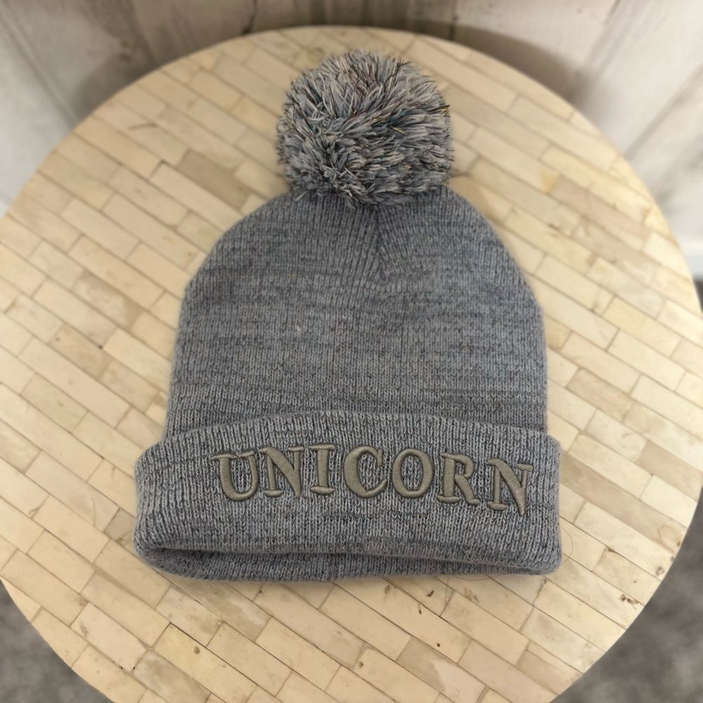 Other Unicorn Beanie Hat Womens One Size Grey Embroidered Cuff Pom Size ONE SIZE - 1 Thumbnail
