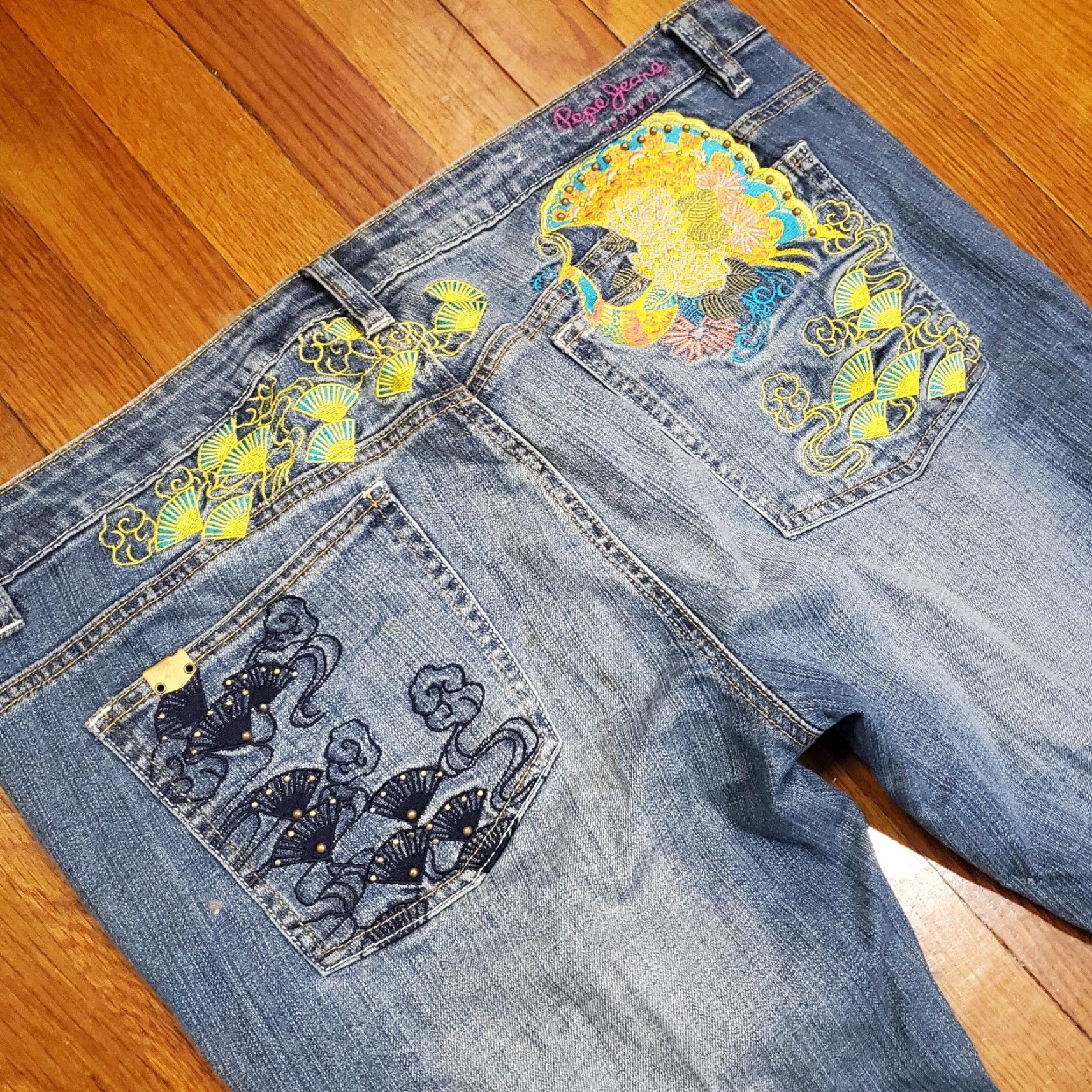 Pepe Jeans VINTAGE Pepe Jeans London Jeans Womens 36 Blue Embroidered Peacock Bootcut Stretch Studs Jeans Women Size 25" / US 0 / IT 36 - 3 Thumbnail