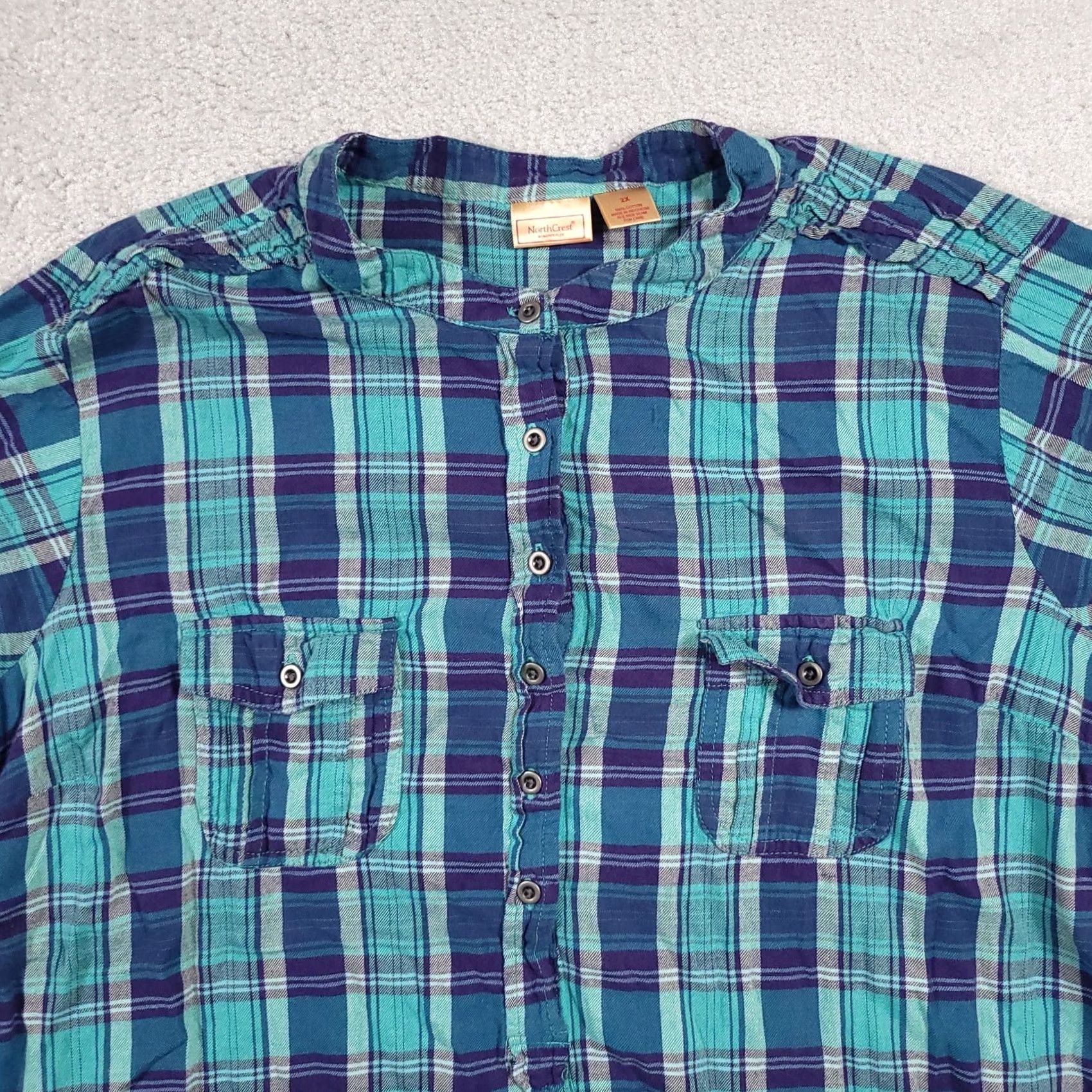 Vintage Northcrest Shirt Women's 2X Plus Blue Plaid Roll Tab Sleeve Henley Pockets Shirt Size XXL / US 16-18 / IT 52-54 - 3 Thumbnail