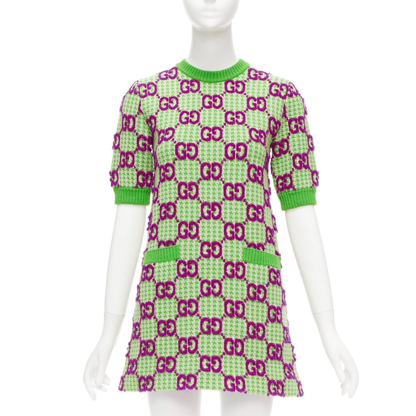 image of Gucci 2022 Purple Green Wool GG Monogram Jacquard Crew Sweater Dress Xxs, Women's