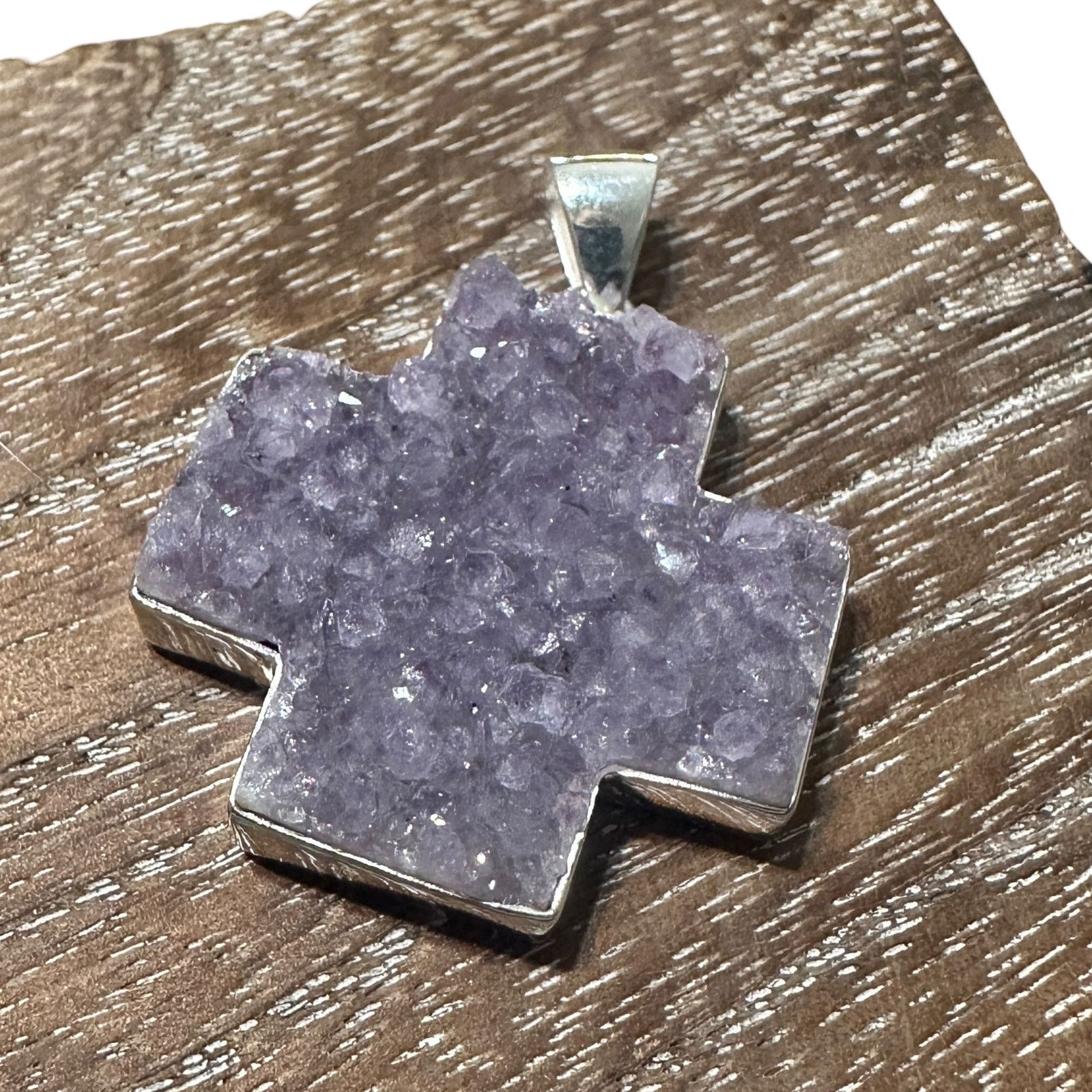 The Unbranded Brand 925 Sterling Silver Amethyst Druzy Cross Pendant Size ONE SIZE - 4 Thumbnail