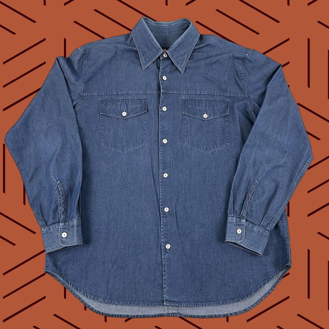 Brioni Denim Shirt XL Blue Button-Down Long Sleeve Cotton Casual
