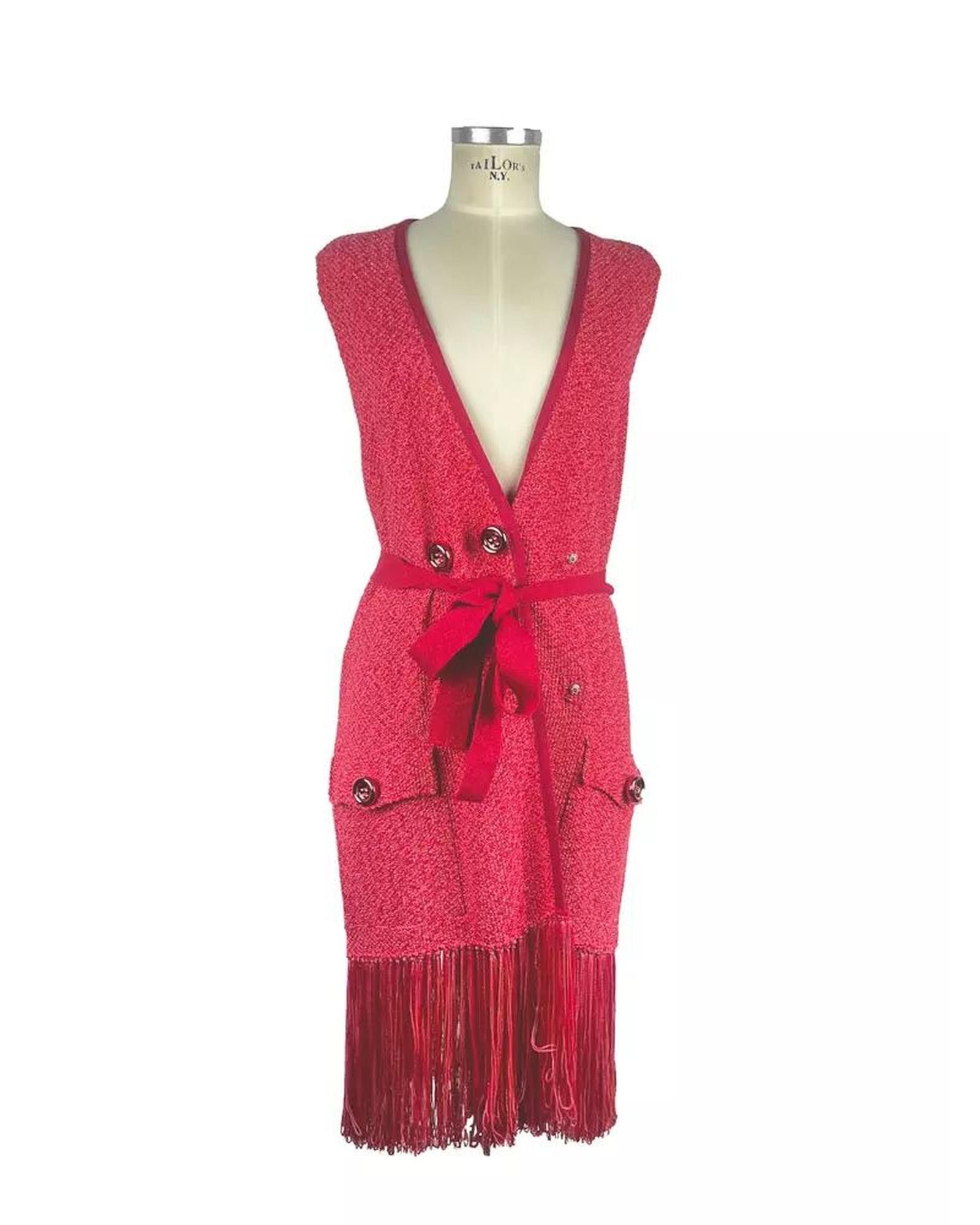 image of Elisabetta Franchi Sleeveless V-Neck Cardigan With Waist Belt in Fuchsia, Women's (Size Medium)