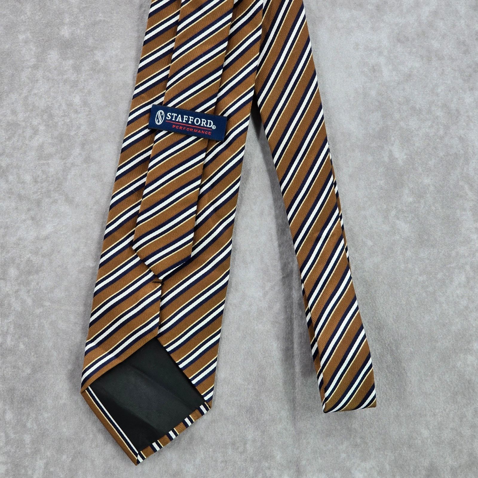 Stafford Stafford Performance Brown White Stripe 100% Silk Neck Tie Size 30 - 3 Thumbnail