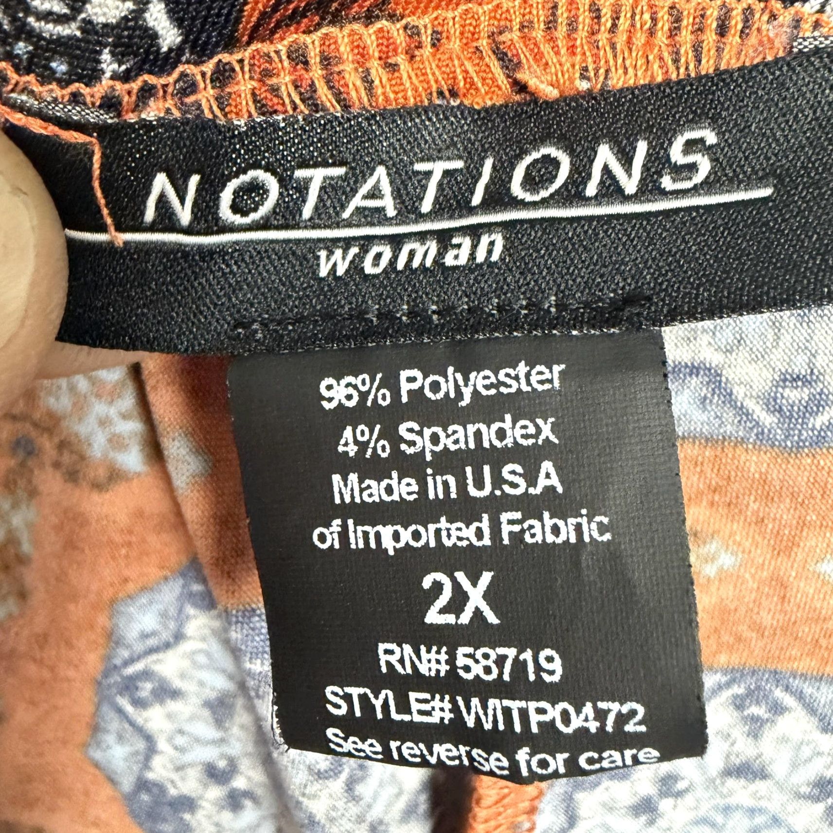 Vintage VINTAGE: Notations Capri Pants 2X Plus 37x21 Orange Blue Medallion Geometric Boho Jersey Wide-Leg Pull On Capris Womens PlusSize USA Made Size 40" / US 18 - 6 Thumbnail