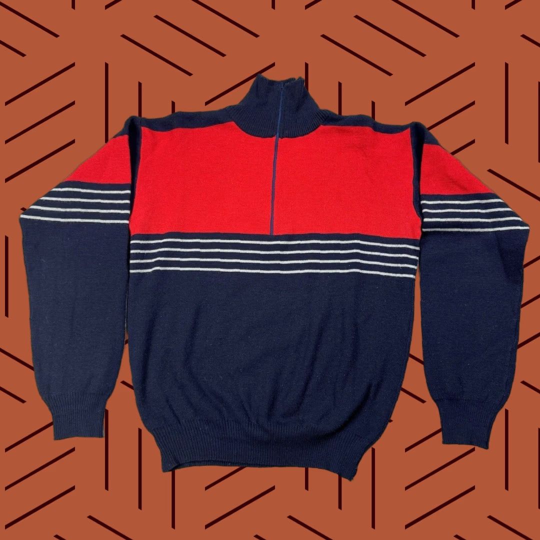 Vintage VTG Mount Cervin 1/4 Zip Mock Neck Ski Sweater Wool Blend Red Navy Grey XL Mens Vintage 80s Skiing Pattern Striped Military/Retro Knit 1/4 Zip Sweater Size US XL / EU 56 / 4 - 1 Thumbnail
