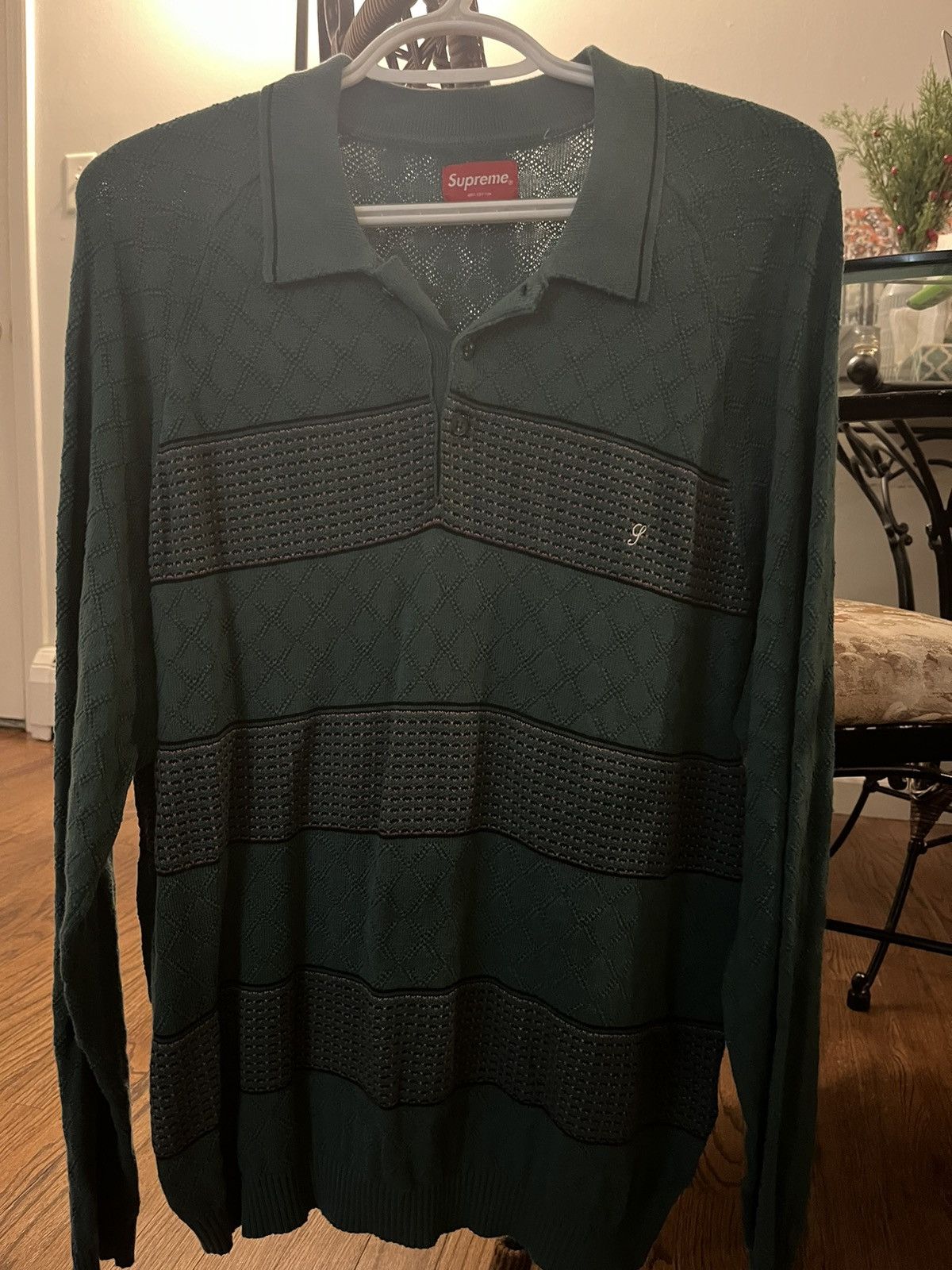 image of Supreme Knit Strip L/s Polo in Green, Men's (Size Medium)