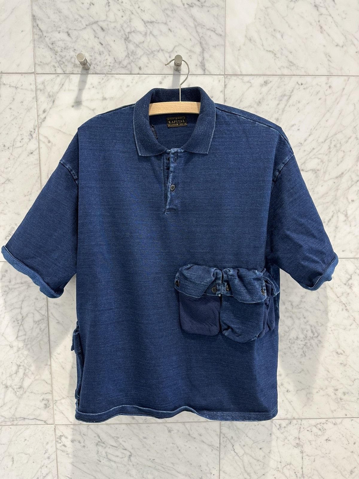 image of Kapital Indigo Cargo Polo in Indigo Blue, Men's (Size Medium)