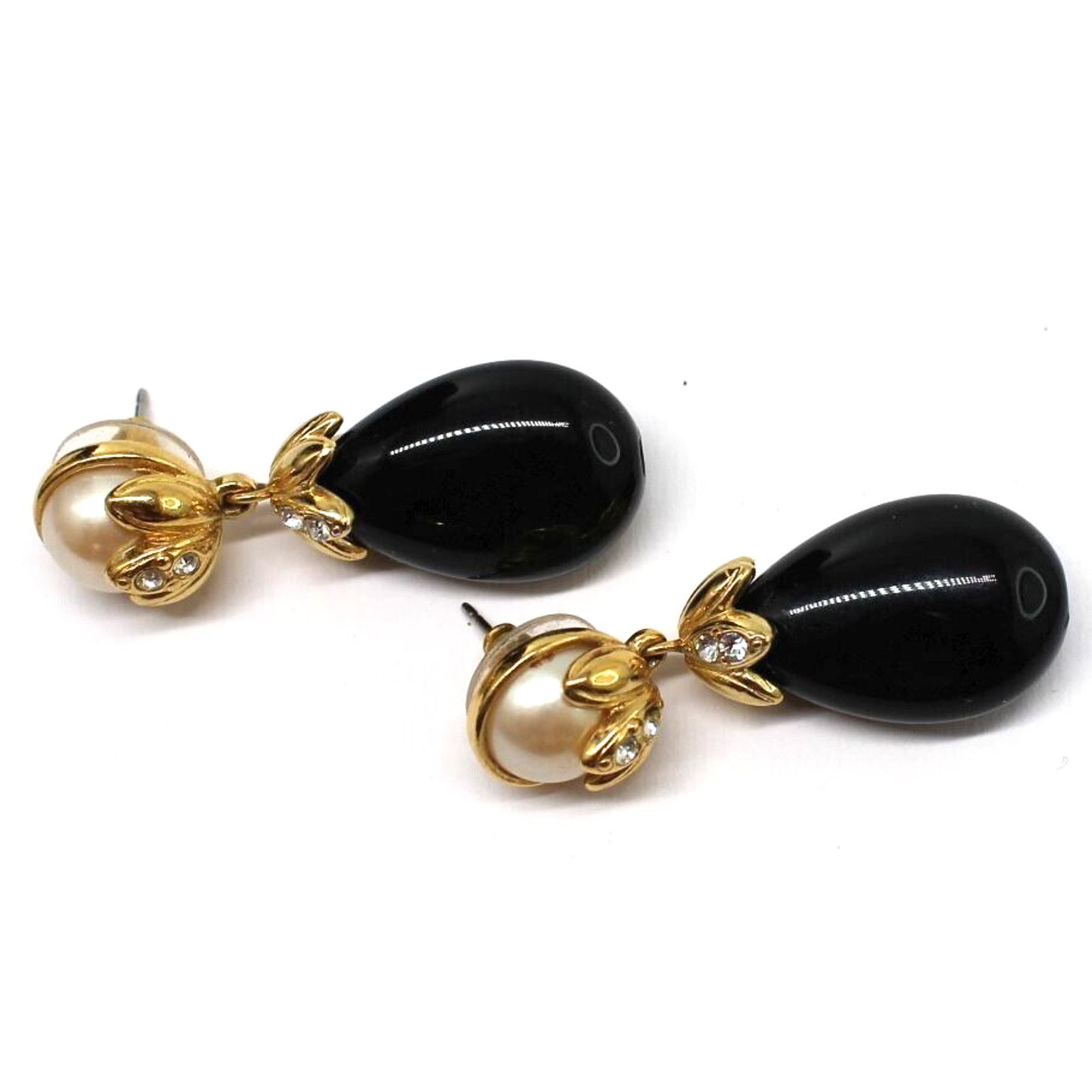 Other Vintage Faux Onyx & Faux Pearl Pierced Earrings •1.5" Drop Size ONE SIZE - 3 Thumbnail
