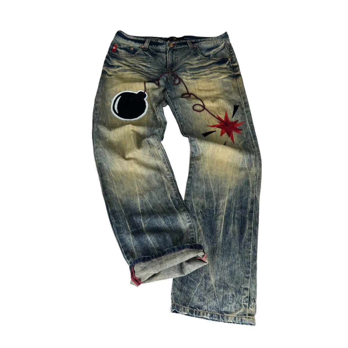 Japanese Brand ❄️ONIARAI JAPAN BOMB PATCHWORK DENIM JEANS FLARE PANTS Size US 34 / EU 50 - 2 Thumbnail