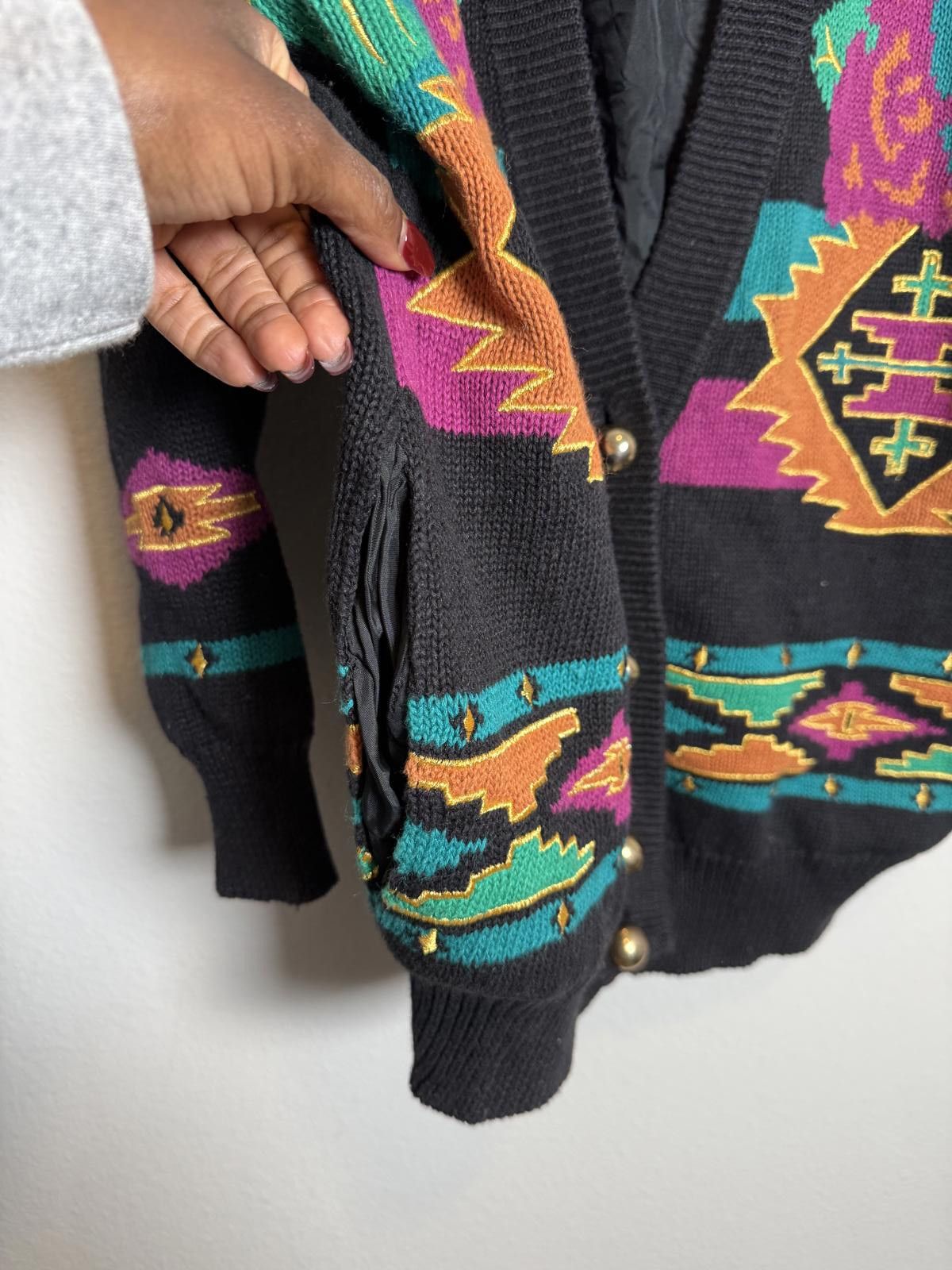 Unknown London Vintage Aztec Tribal Print Oversize Black Cardigan Size S / US 4 / IT 40 - 5 Thumbnail
