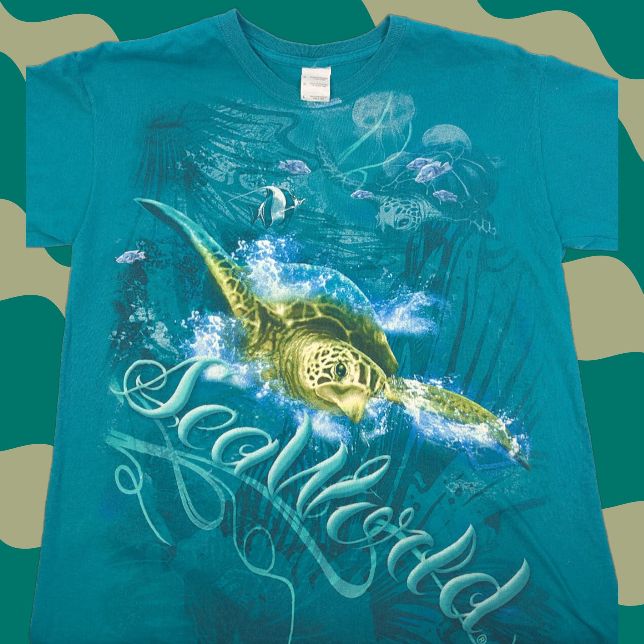 Gildan VINTAGE Sea World Sea Turtles T-Shirt Gildan Mens Teal Large Crew Neck Short Sleeve Tropical Ocean Tee Size US L / EU 52-54 / 3 - 1 Thumbnail