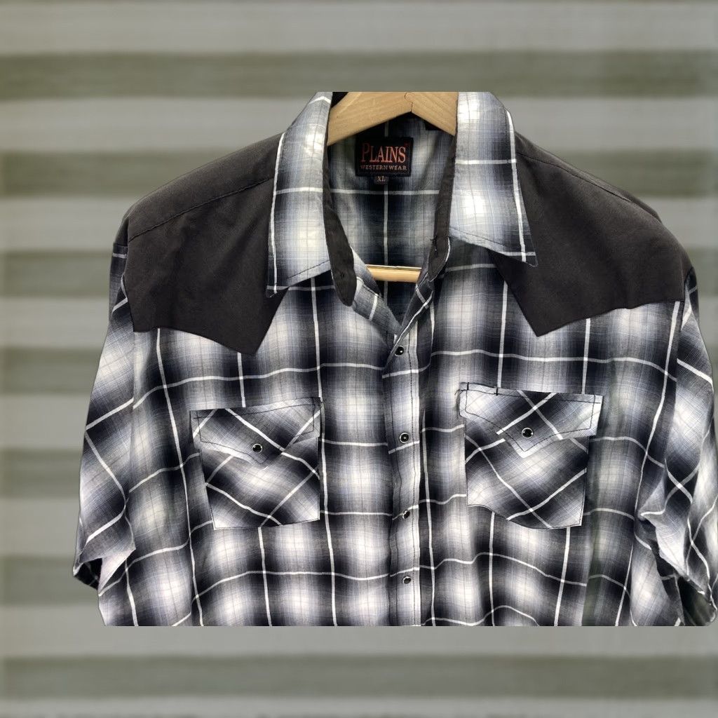 Vintage Plains Western Pearl Snap Shirt Men XL Black White Plaid Long Sleeve Rodeo Shirt Size US XL / EU 56 / 4 - 1 Thumbnail