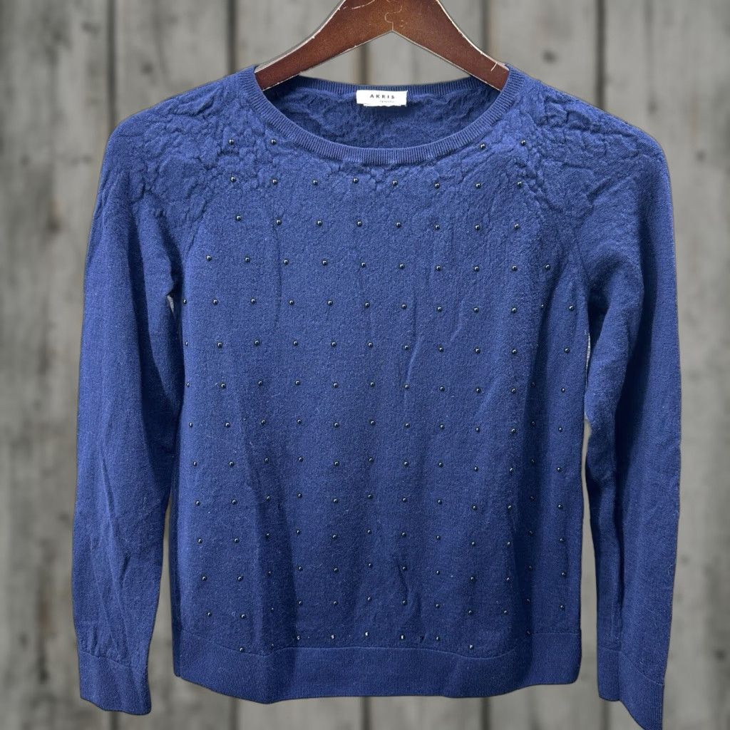 Vintage Akris Punto Sweater Womens 10 Blue Wool Long Sleeve Crew Neck Classic Designer Pullover Size L / US 10 / IT 46 - 1 Thumbnail