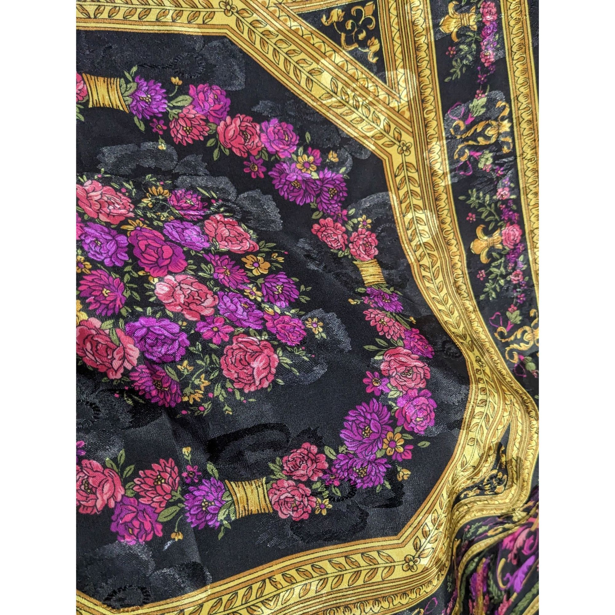 Other Vintage Floral Embossed Scarf 34"x34" Ornate Black Gold Pink Size ONE SIZE - 10 Thumbnail
