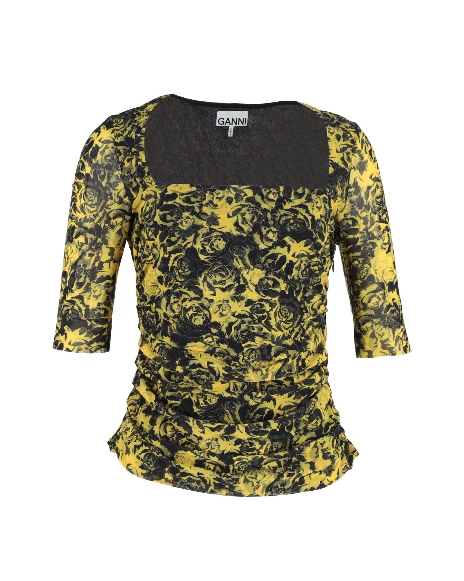 Image of Playful Printed Yellow Mesh Blouse With Pleated Accents By Ganni, Women's (Size Small)