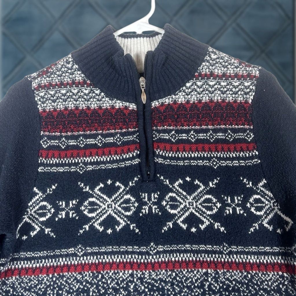 Vintage Christopher & Banks Fair Isle Sweater Womens S 1/4 Zip Mock Neck Holiday Casual Knit Pullover Blue Winter Fall Spring Womens Size S / US 4 / IT 40 - 1 Thumbnail