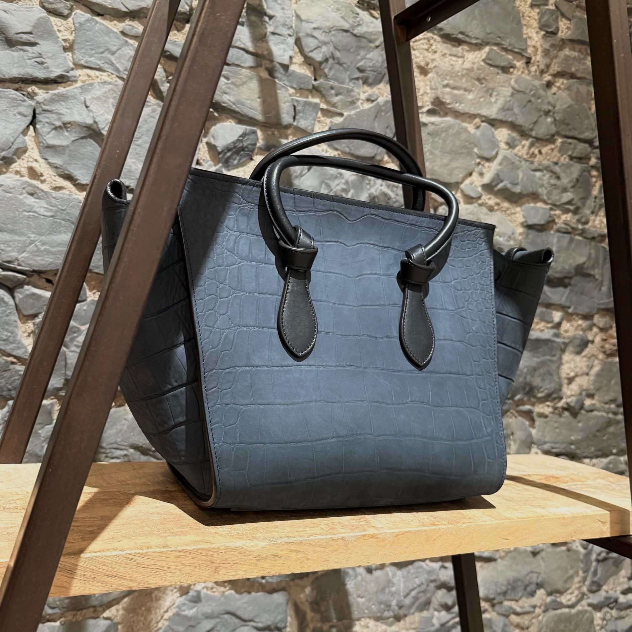 Celine Céline Midnight Blue Croc Embossed Small Tie Knot Tote Size ONE SIZE - 7 Thumbnail