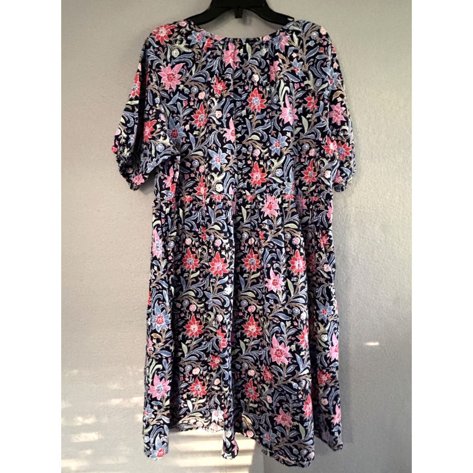 Loft LOFT Dress Womens L Multicolor Floral V Neck Puff Sleeve Trapeze Swing Button Size L / US 10 / IT 46 - 2 Thumbnail