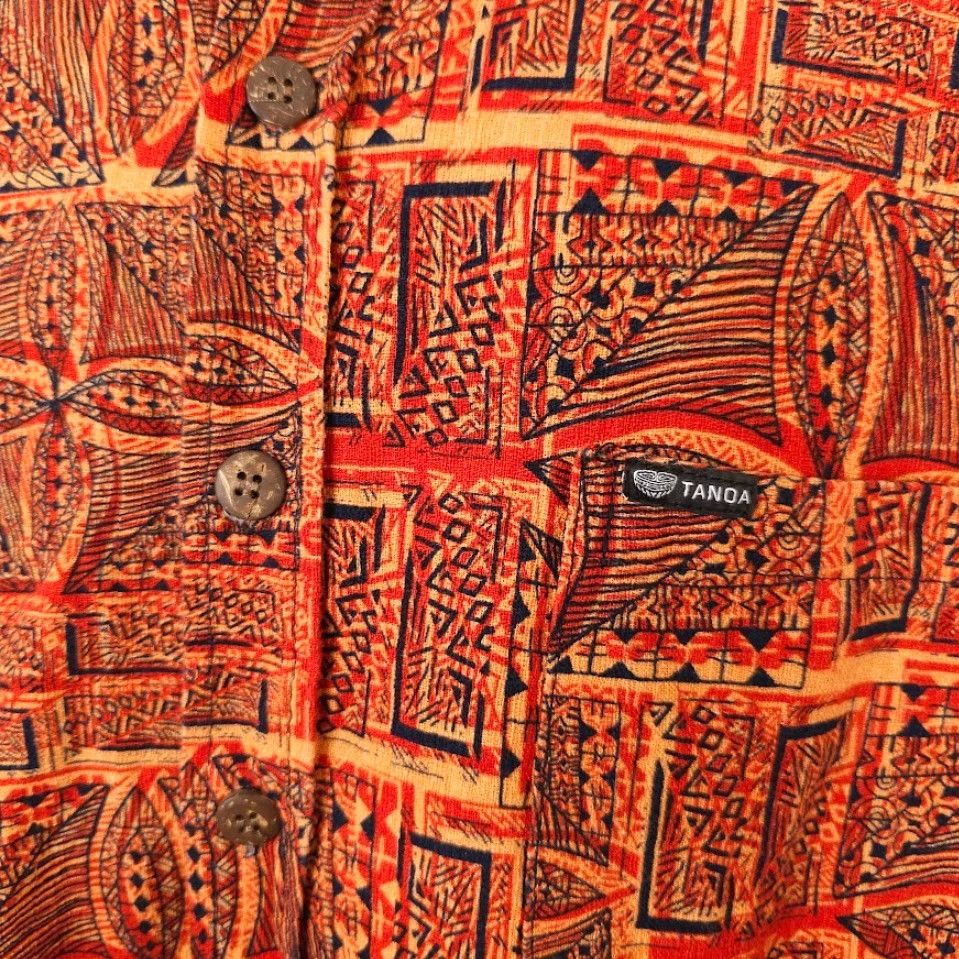 Vintage Tanoa Barkcloth Shirt Mens 2XL Orange All Over Print Abstract Camp Tiki Hawaiian Polynesian Geometric Button-Up Collar-Down Sleeves Short Nightlife? Size US XXL / EU 58 / 5 - 3 Thumbnail