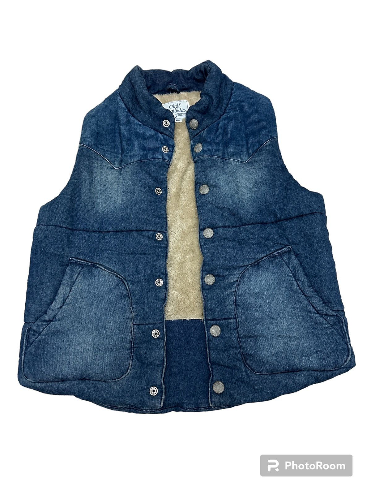 image of Vintage Anti Ballistic Denim Puffer Vest Jacket in Brown, Men's (Size Small)